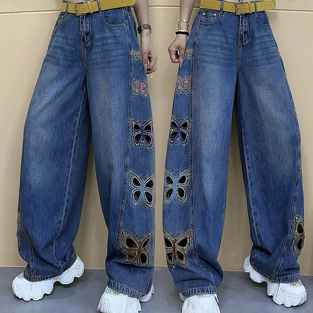 原创设计蝴蝶阔腿牛仔裤女2025夏季新款七彩蝴蝶烫钻弯刀裤-1577