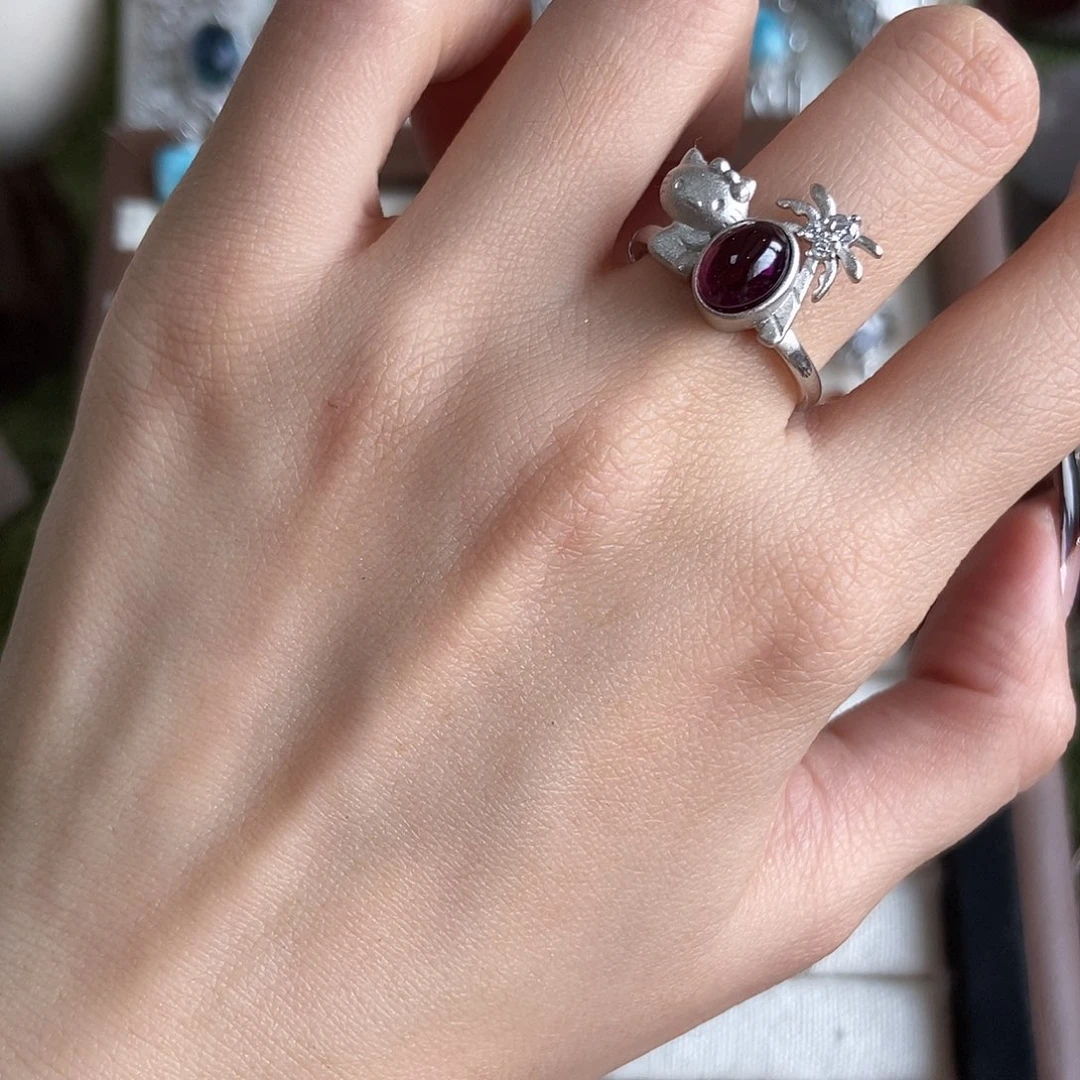 园***雀戒指烟晶银S925镶嵌kt紫牙乌