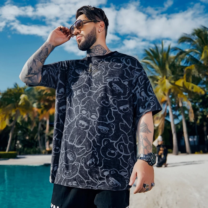 胖胖火星大码男装夏季小熊涂鸦圆领短袖t恤胖子弹力冰丝半袖上衣