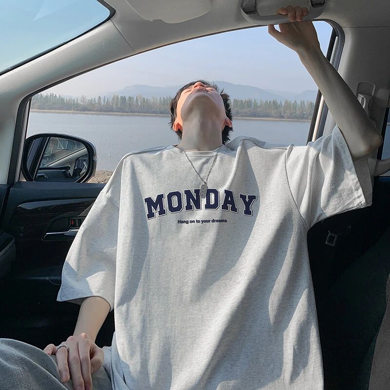 拉链重磅高街百搭短袖T恤凉感夏季潮牌美式街头潮男宽松抗皱半袖