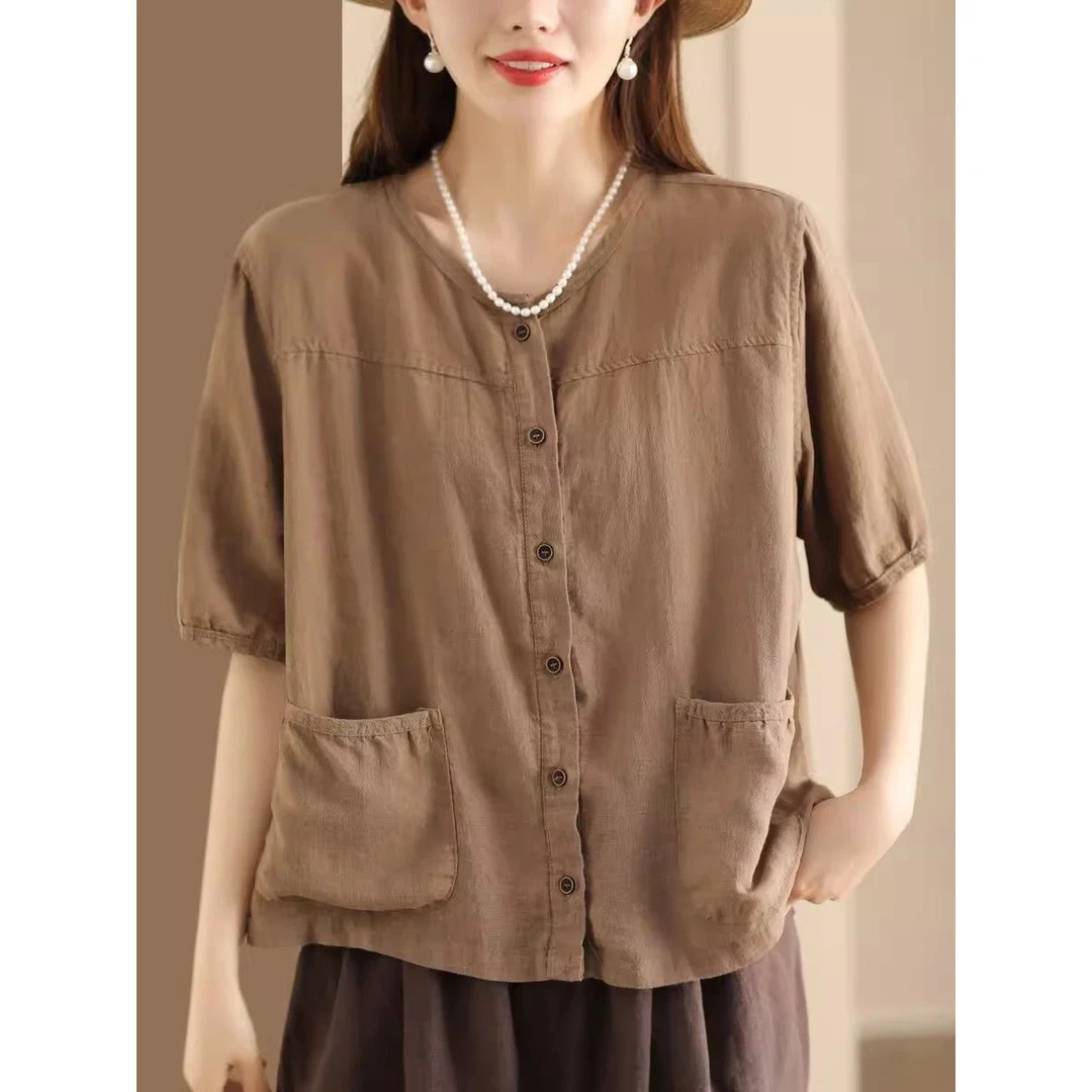 夏季新款复古棉麻衬衫砂洗炒色女休闲单排扣短袖上衣