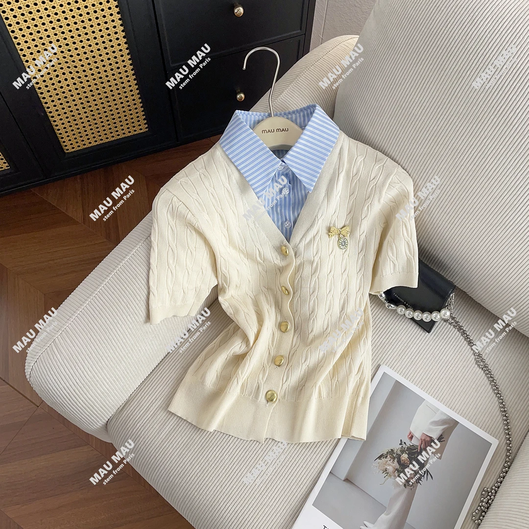 MIUMEM 夏季新款时尚简约假两件短袖针织衬衫女polo领上衣 DY7741