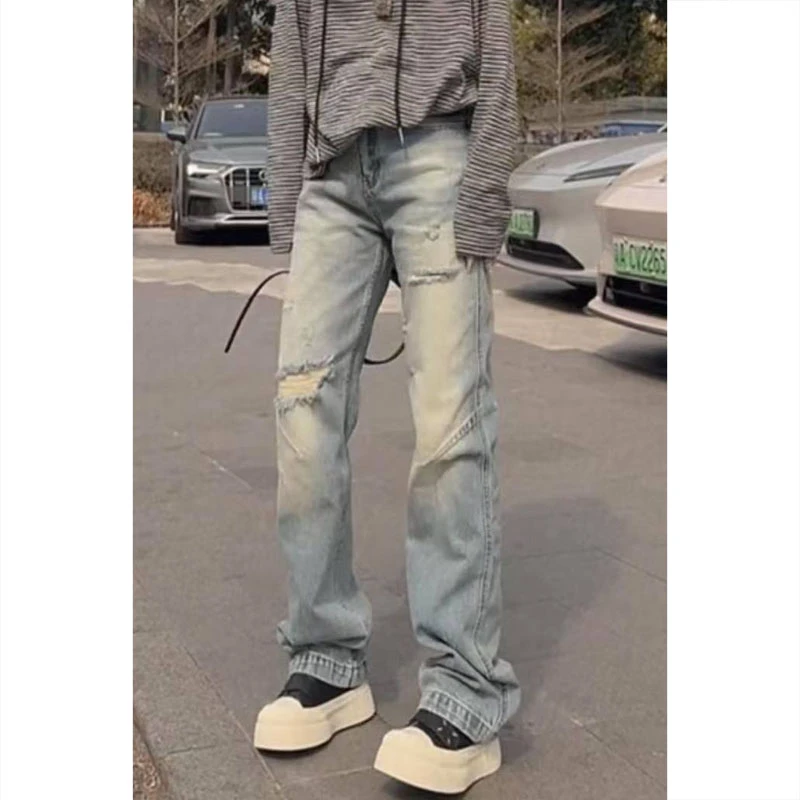 艾塔莉破洞窄阔腿牛仔裤女春季新款胖mm显瘦直筒裤梨形大码小个子