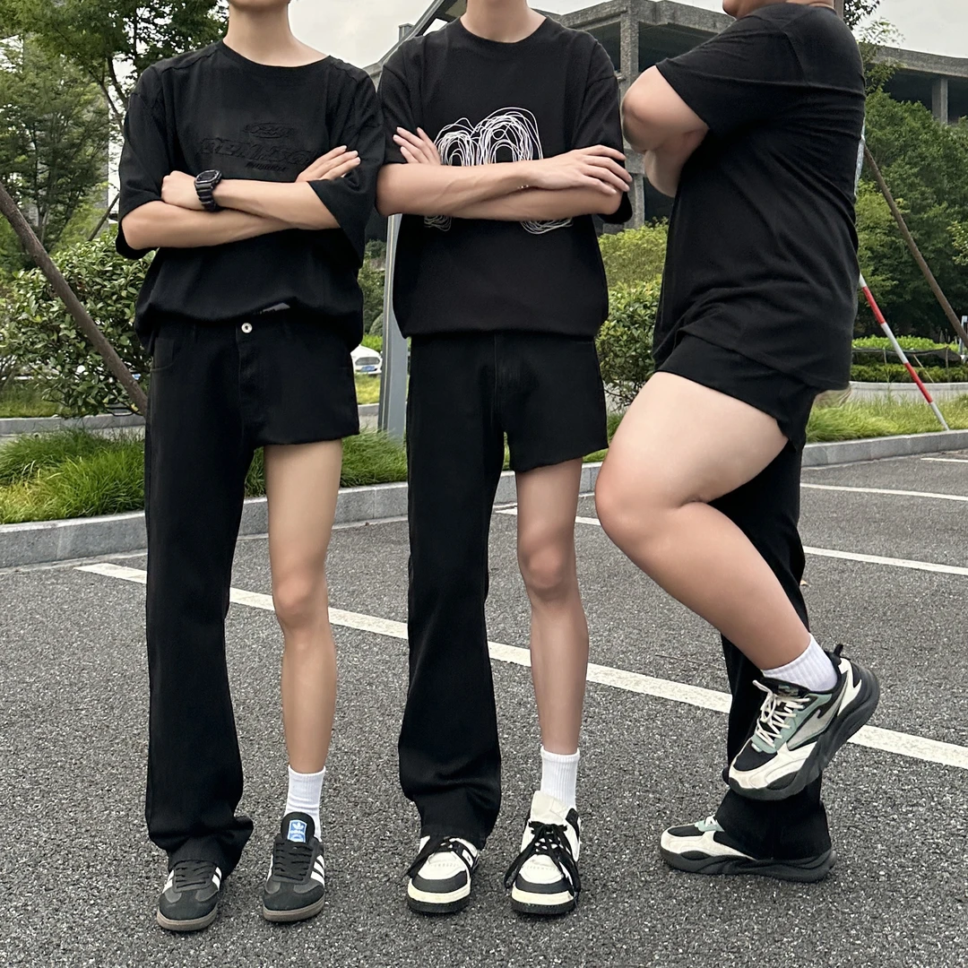 黑色弹力微喇直筒牛仔裤男款春夏季美式高街cleanfit显瘦显腿长裤