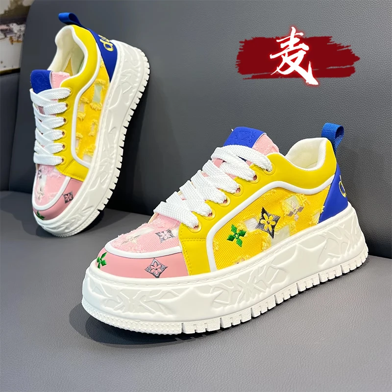 夏季网面男鞋透气2025新款潮流百搭休闲厚底板鞋运动增高刺绣潮鞋