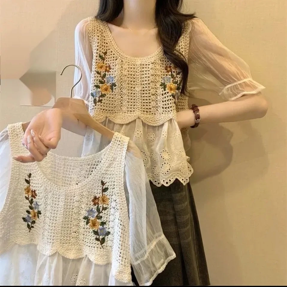 夏季款法式刺绣钩花镂空女波斯米亚民族风镂空上衣女夏0418
