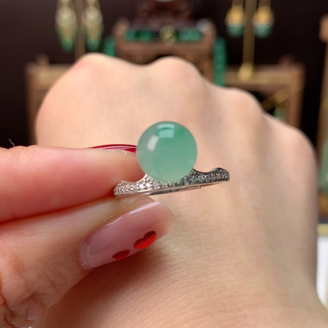 石英质玉冰飘花精品戒指银S925镀金镶嵌