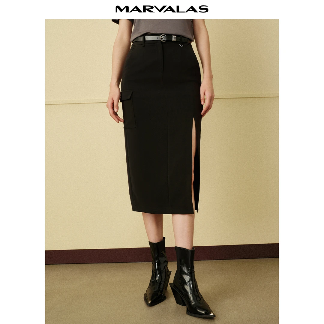 【两颗柠檬】M207305124曼德诗纯色开叉半身裙高腰中长款A字裙