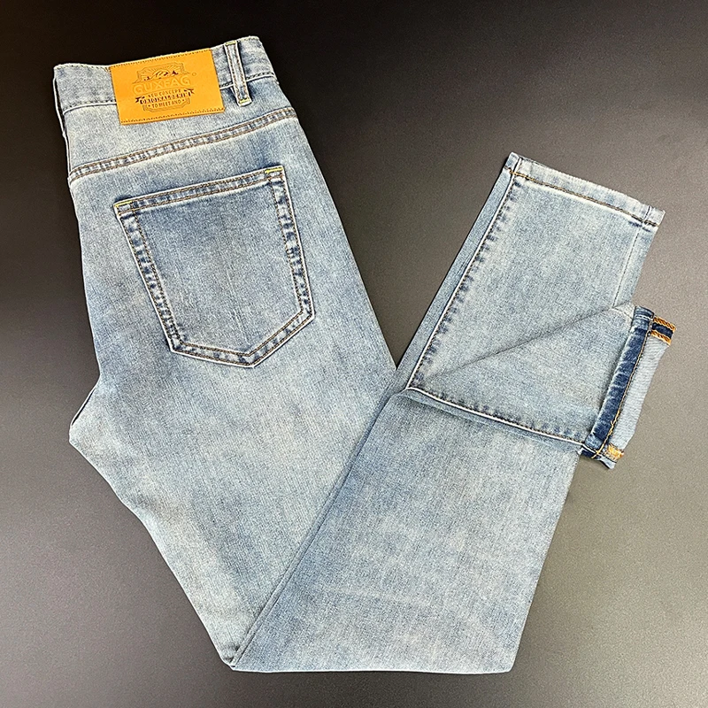 约文库费高端时尚春夏季男款牛仔裤修身直筒轻奢弹力浅色休闲长裤