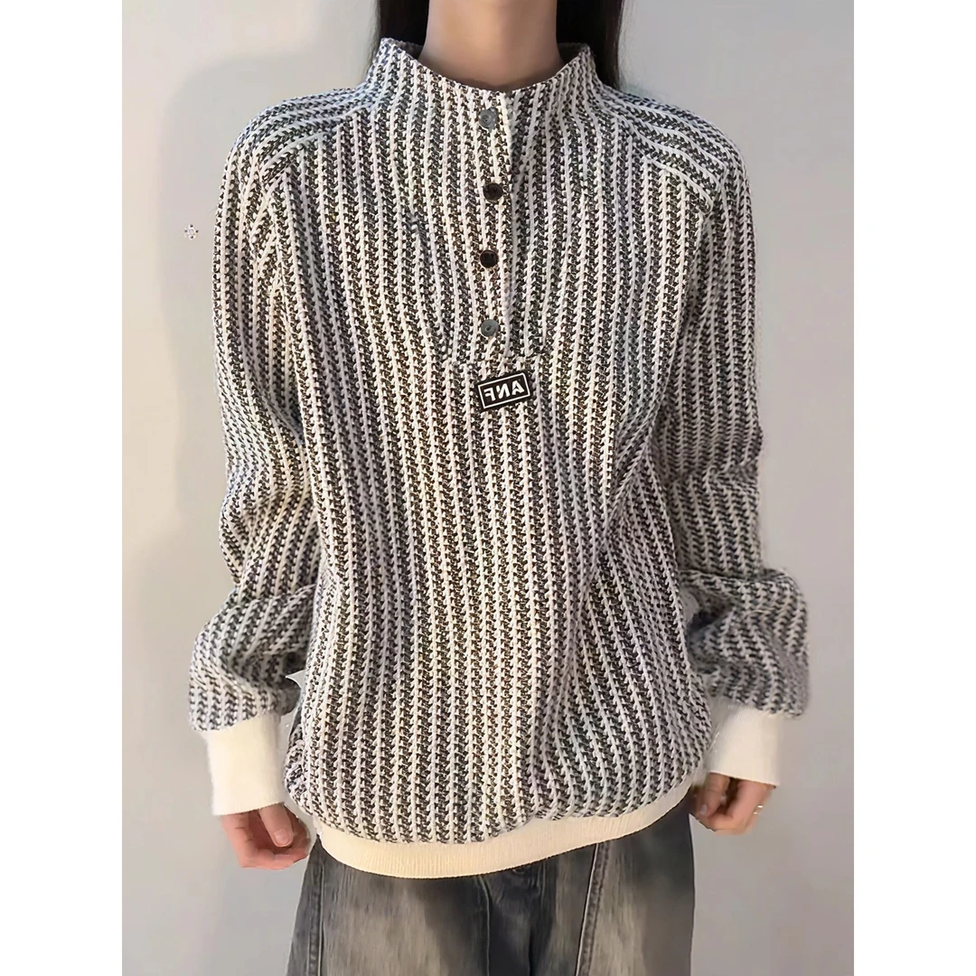 鱼骨纹立领排扣卫衣男秋季千鸟格针织长袖t恤正肩内搭小香风外套