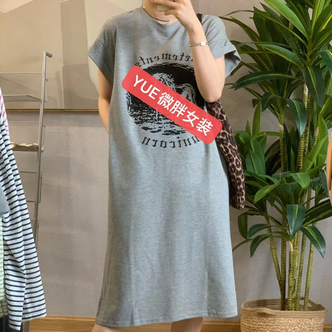 夏季气质印花针织微胖女装休闲宽松腰连衣裙圆领A404