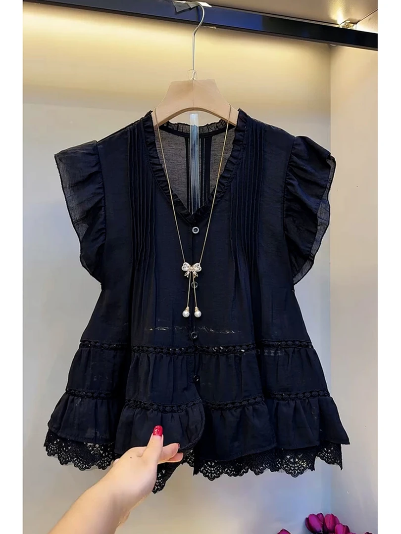 法式独特精致小上衣轻奢高级感茶里茶气别致黑色蕾丝拼接衬衫女夏