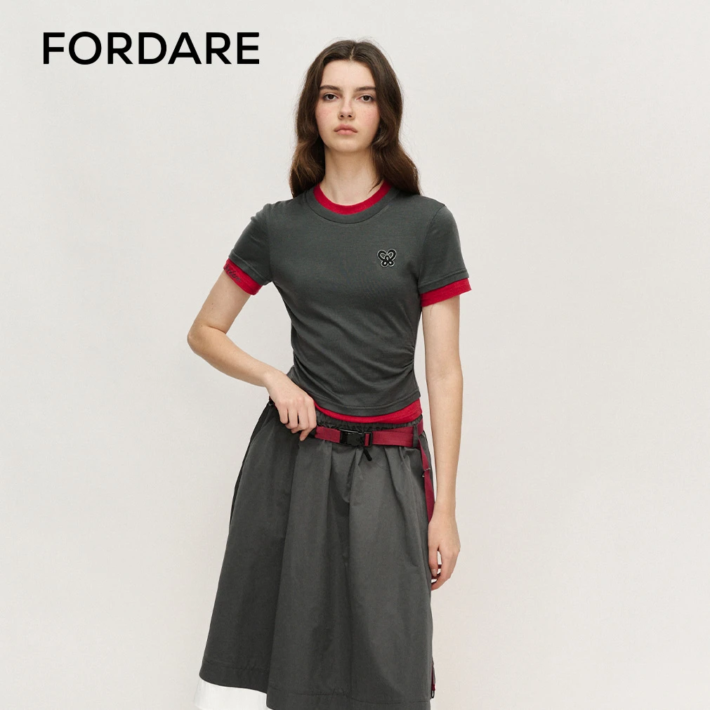 FORDARE福蝶 25夏季新品 假两件拼接撞色短T休闲运动简约短袖1569