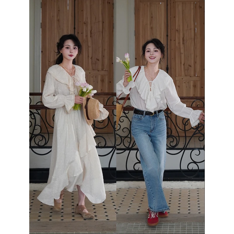 浮生八记“繁美褶领”复古法式荷叶领不规则连衣裙浪漫系苎麻衬衫