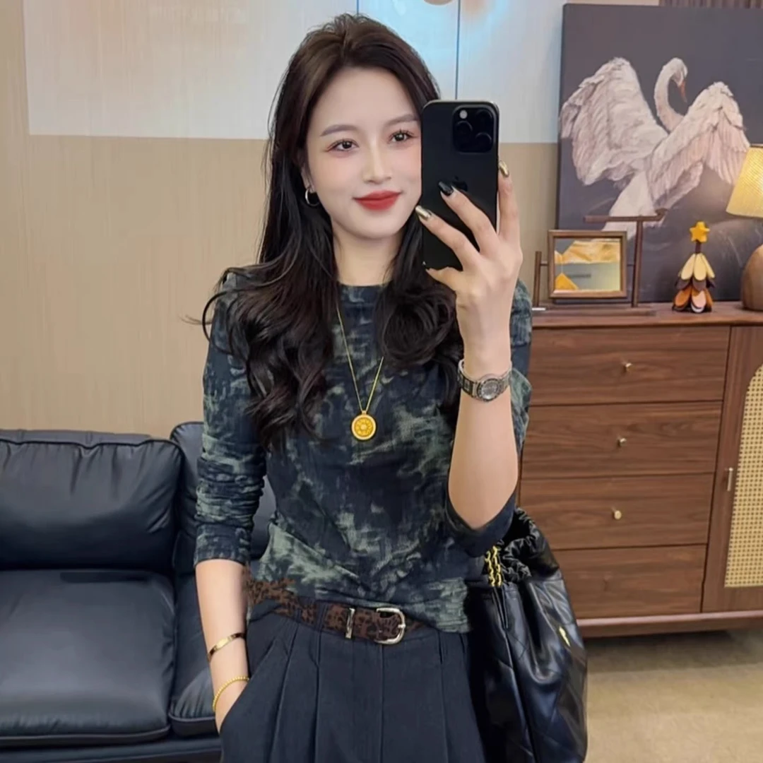 欧货2025秋冬新款复古扎染长袖t袖打底衫洋气小众设计款修身型