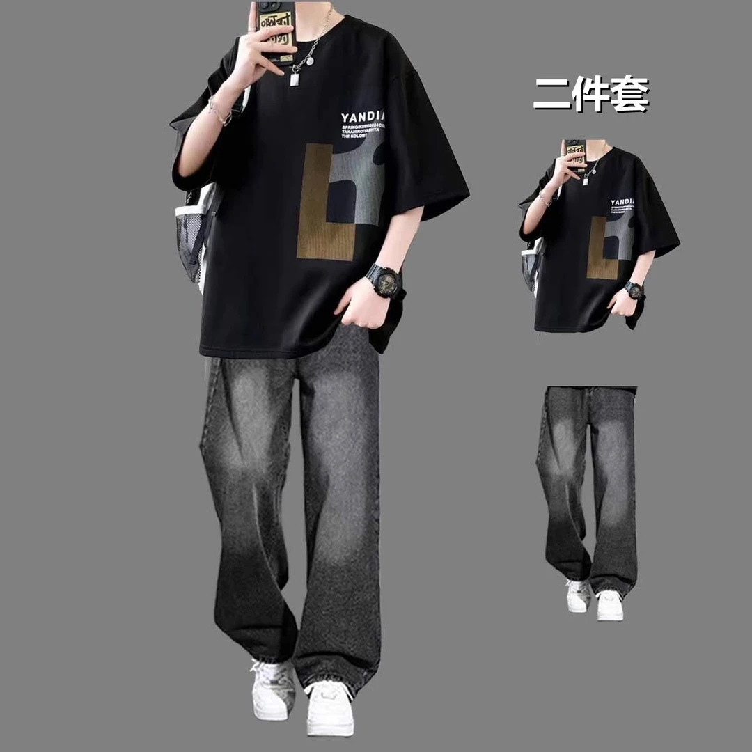 美式短袖t恤套装男学生夏季青少年潮流宽松体恤一整套搭配牛仔裤