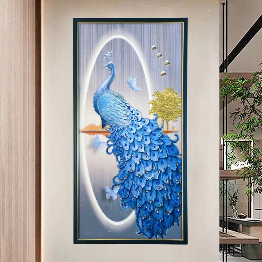 Q146孔雀玄关装饰画竖版轻奢简约现代进门背景墙挂画入户走廊挂画