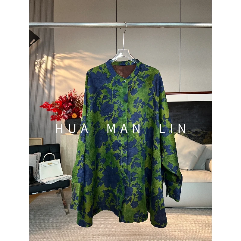 【花满林】圆领正门襟蓝花香云纱真丝桑蚕丝宽松版上衣268538