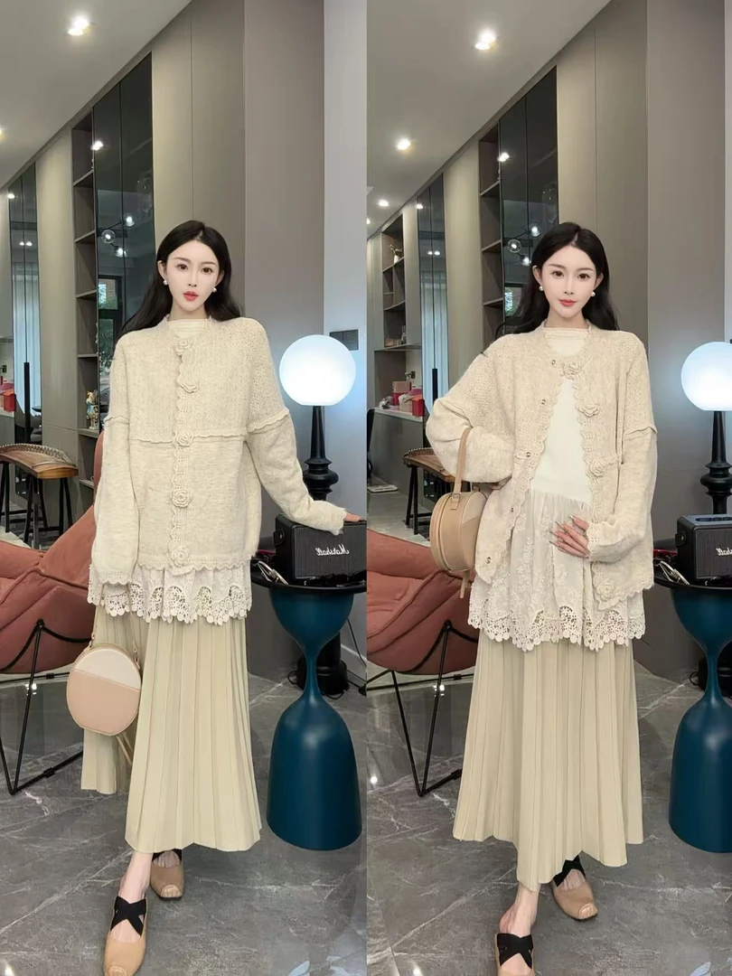 孕妇时尚套装秋冬新款显瘦百搭毛衣蕾丝打底衫孕妇宽松半身裙子女