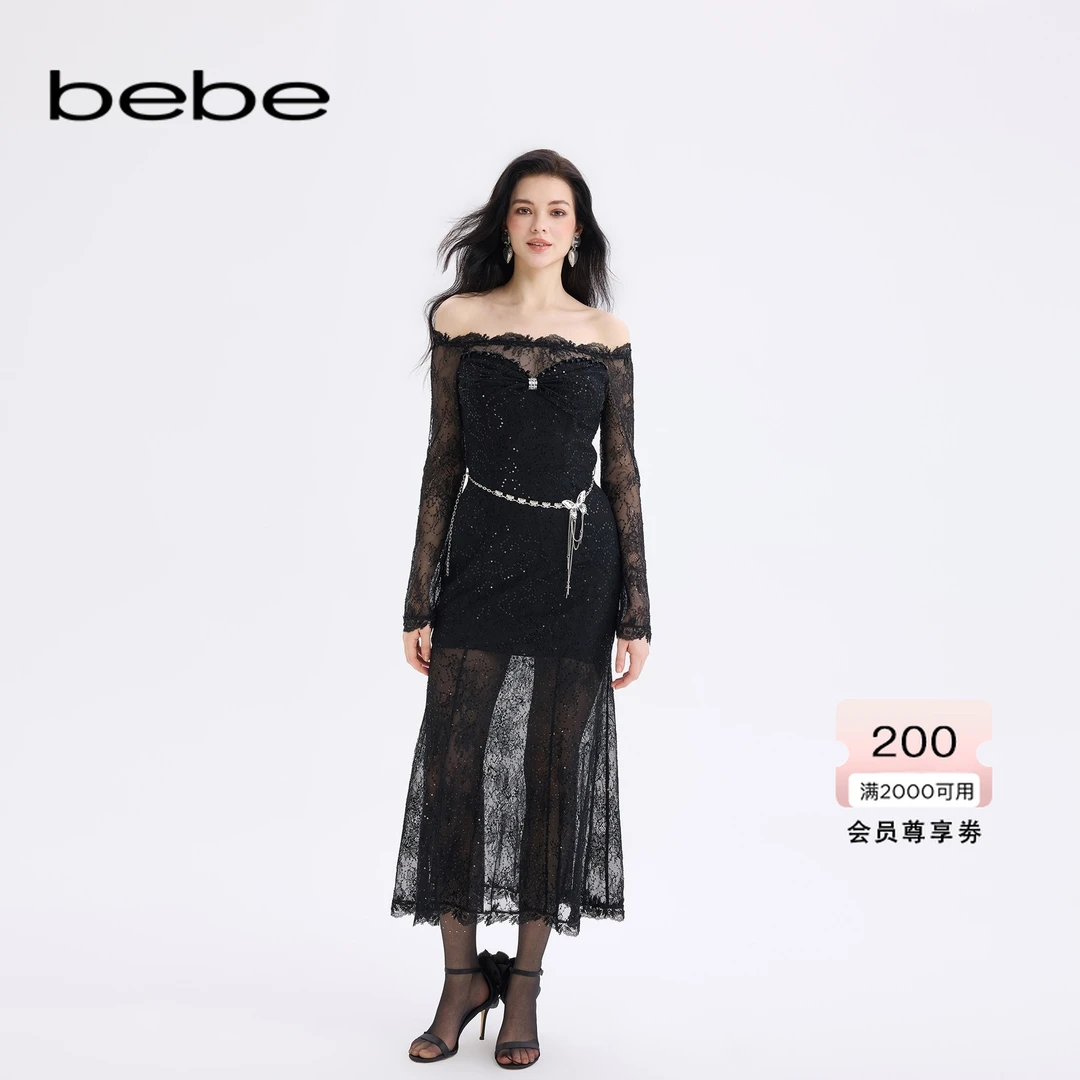 bebe2025秋冬新款女士气质风喇叭袖一字肩蕾丝鱼尾礼服裙451004