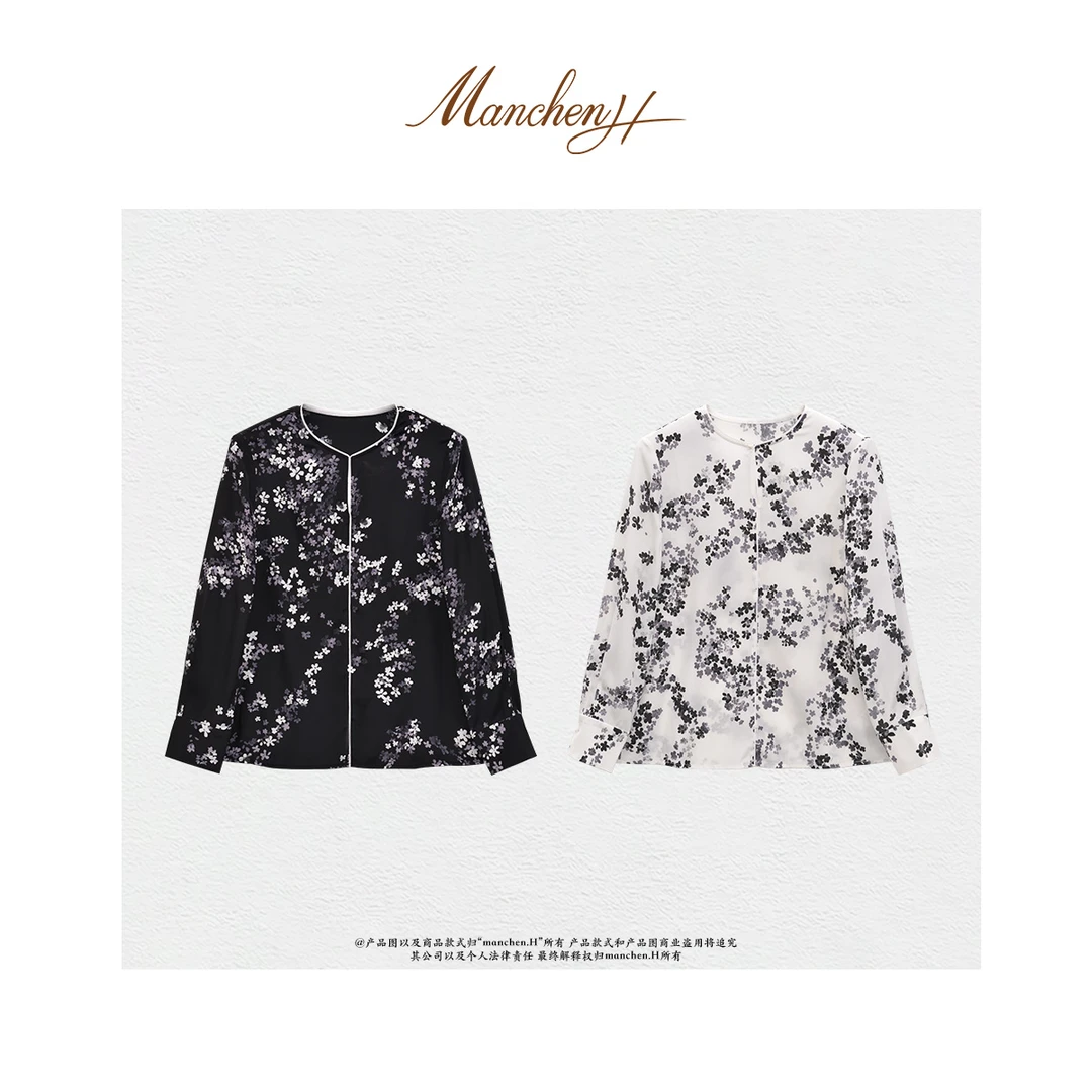 曼辰manchenh“花轻似梦”重磅100桑蚕丝高密印花重手工衬衫