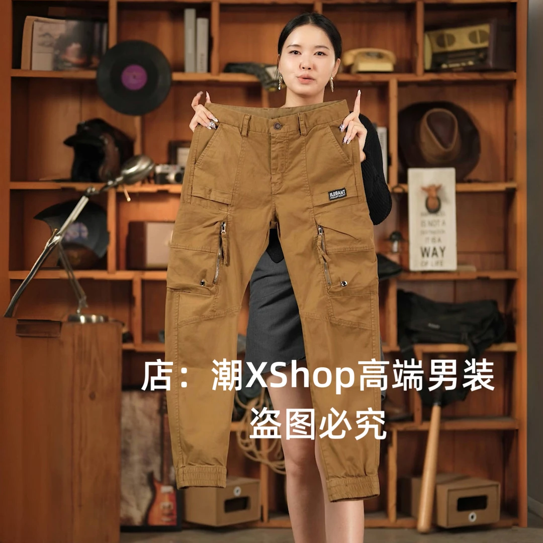 潮X秋季复古高端原创男士休闲裤工装裤户外驼色多口袋束脚潮百搭