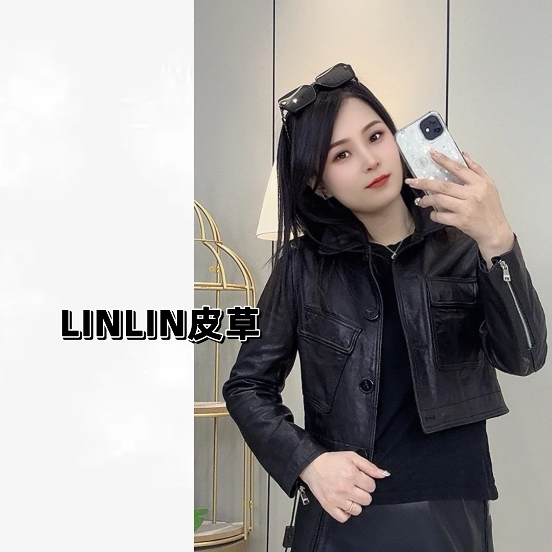 皮衣小店】绵羊皮油蜡女短款时尚百搭春季网红春秋翻领显瘦黑色