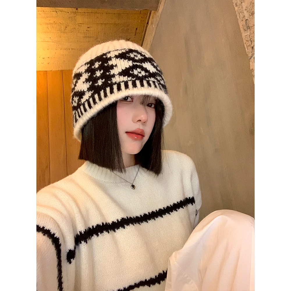 复古菱形提花针织渔夫帽韩国小众设计款毛线帽防寒护耳套头帽冬季