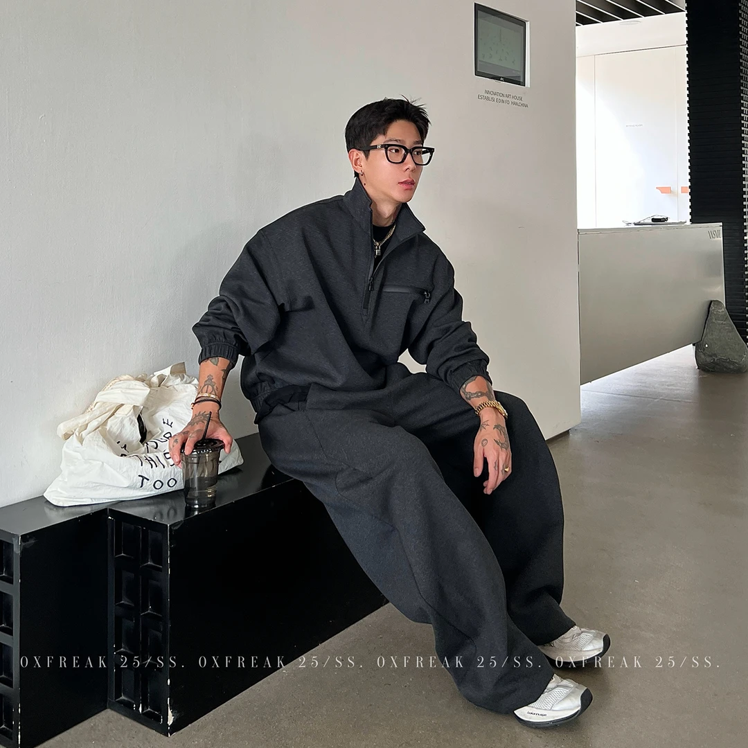OXFREAK「黑胶拉链设计」半拉链卫衣套装男宽松休闲裤一套情侣装