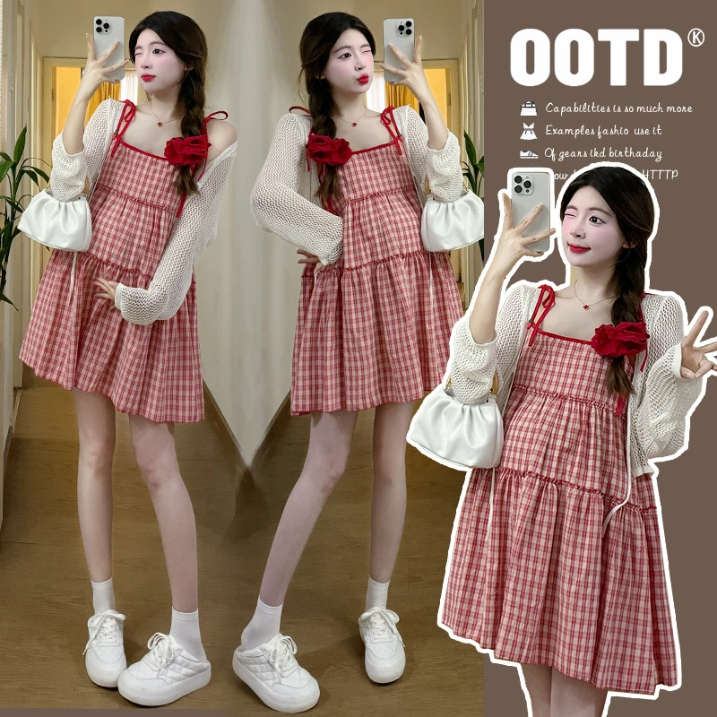 孕妇2025新款夏季甜美格子连衣裙+白色两件套套装洋气时尚宽松