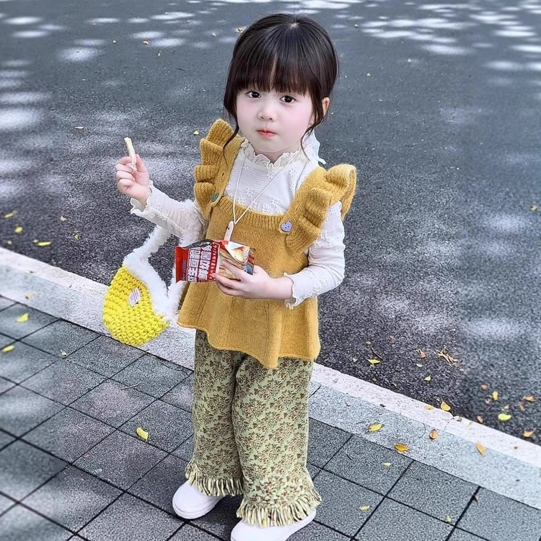 女童花边针织衫套装2025秋季新款儿童刺绣打底衫T恤女宝宝碎花裤