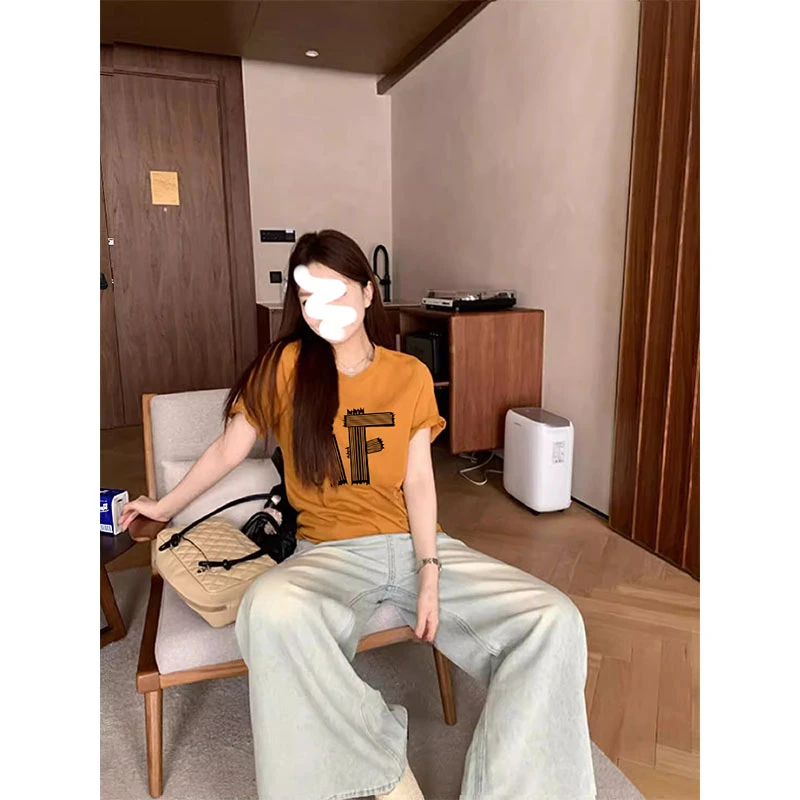 不撞款南瓜橘正肩圆领短袖t恤女夏季新款小众可外穿休闲时尚显瘦