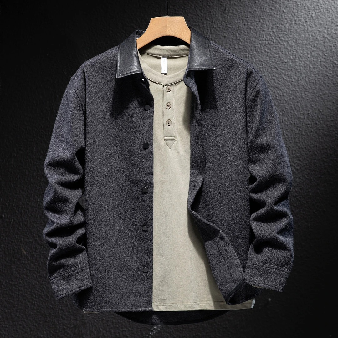 MR.MUDI/穆迪先生轻奢毛呢衬衫男秋季宽松灰色绵羊毛妮子夹克外套