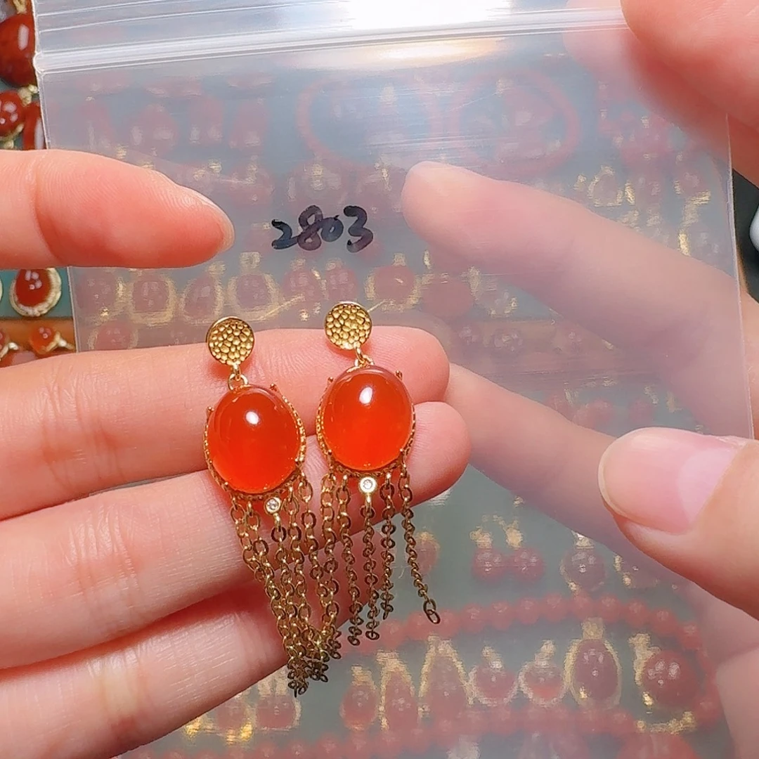 南红玛瑙银S925镶嵌耳饰