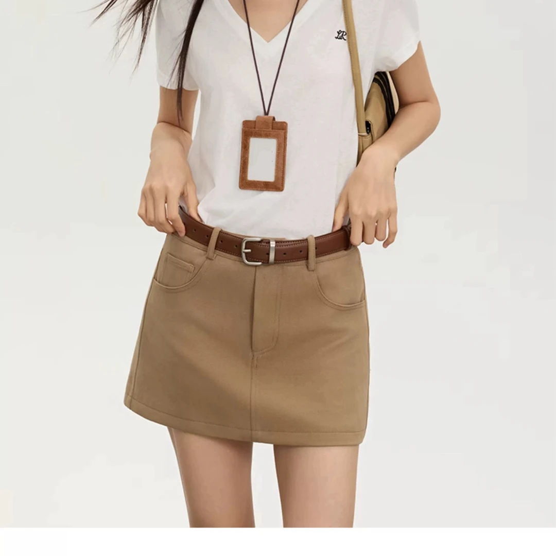 FASC自制 秋冬卡其色短裙女西装A字半身裙高腰辣妹裙裤老钱风短裙
