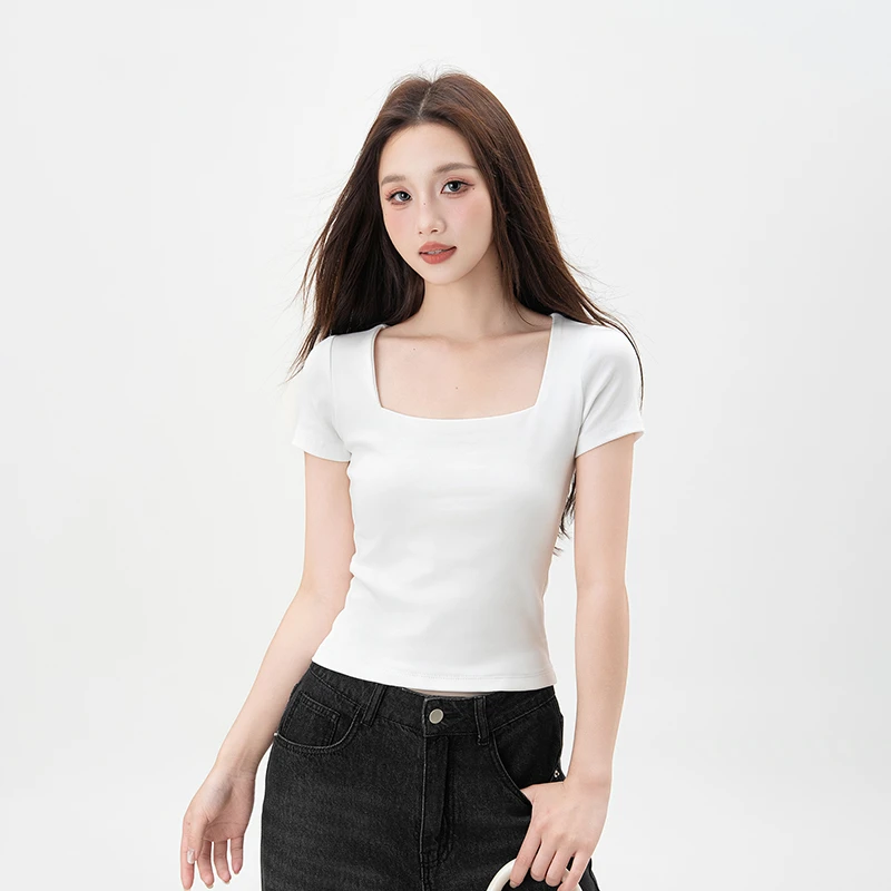 95棉正肩方领短袖t恤女夏季2025新款大领口露锁骨高腰修身上衣潮