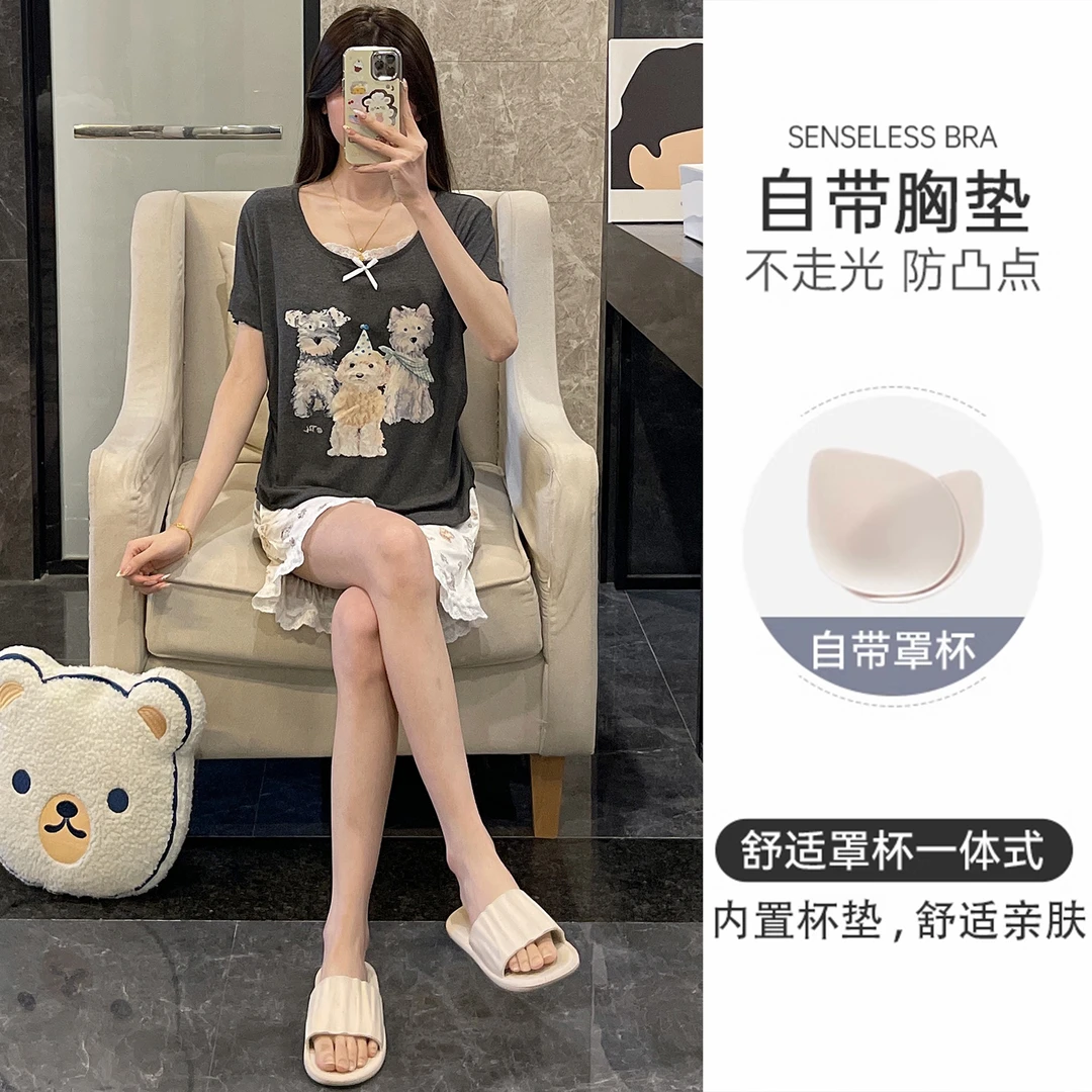 网红风睡衣女生夏季高级感带胸垫凉感2025新款卡通短袖家居服套装