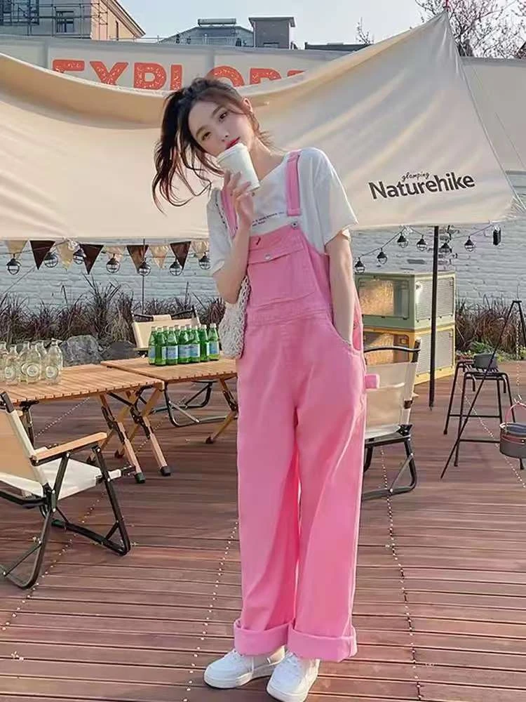 [A001-A100]街头风印花高腰夏季背带裤牛仔裤女装休闲牛仔阔腿