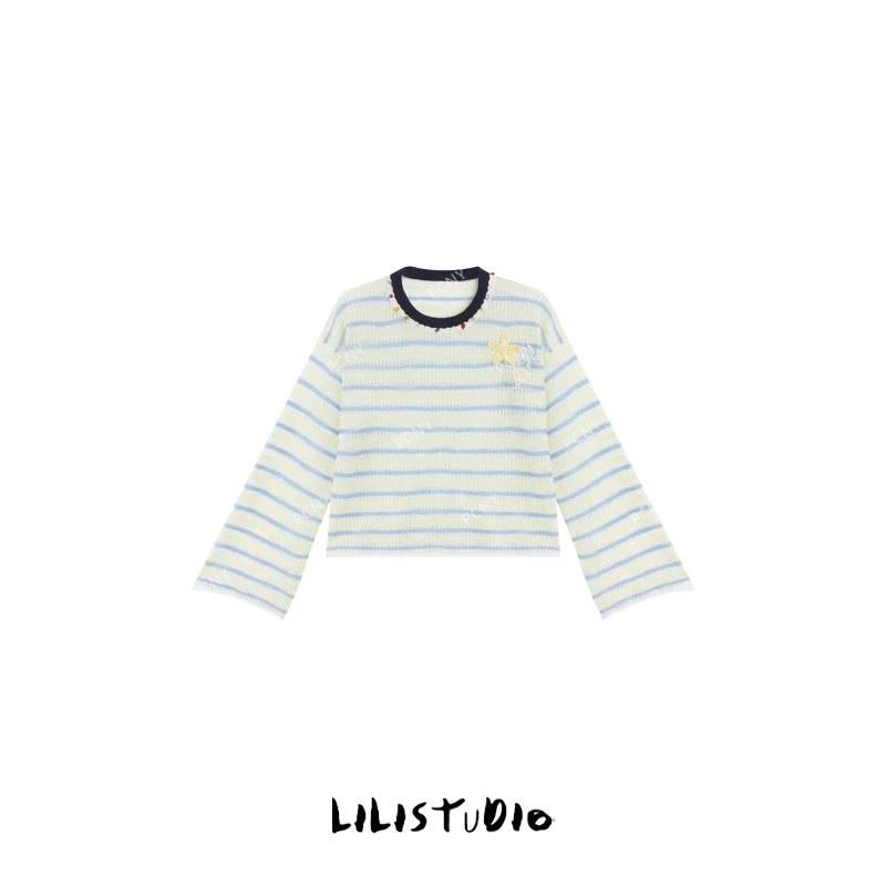 「彩星纹衫」不理理夏季新款小众女装清新条纹长袖圆领针织衫