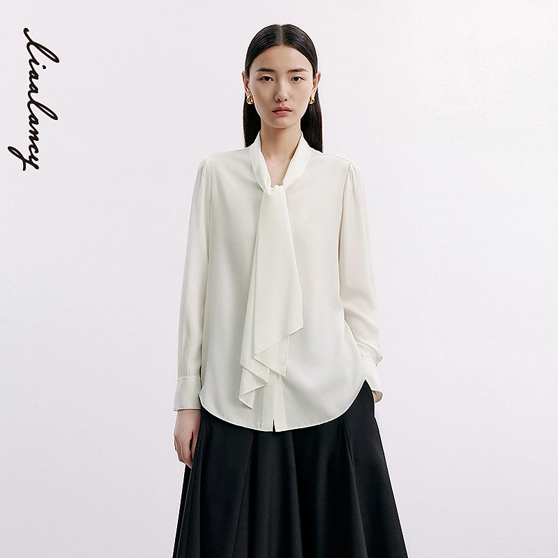 LANCY/朗姿2024秋季新款桑蚕丝长袖法式飘带衬衫白色女通勤上衣