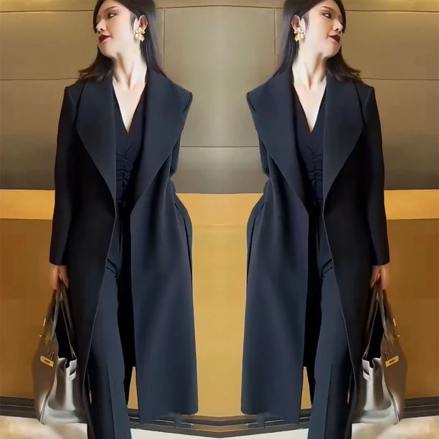 炸街网红爆款女装2023年冬季新款气质时尚纯色净版风衣外套+裤子