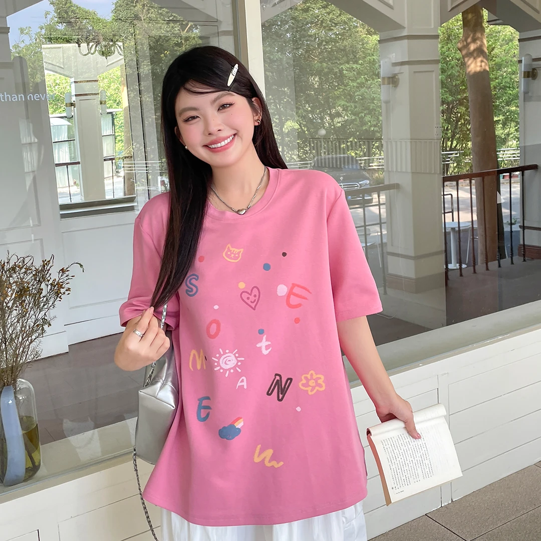 【现现专场】大码字母印花正肩短袖T恤女夏季新款胖mm显瘦减龄上衣