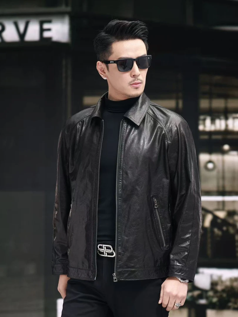 头层牛皮秋季休闲宽松型标准修身翻领真皮皮夹克皮衣外套