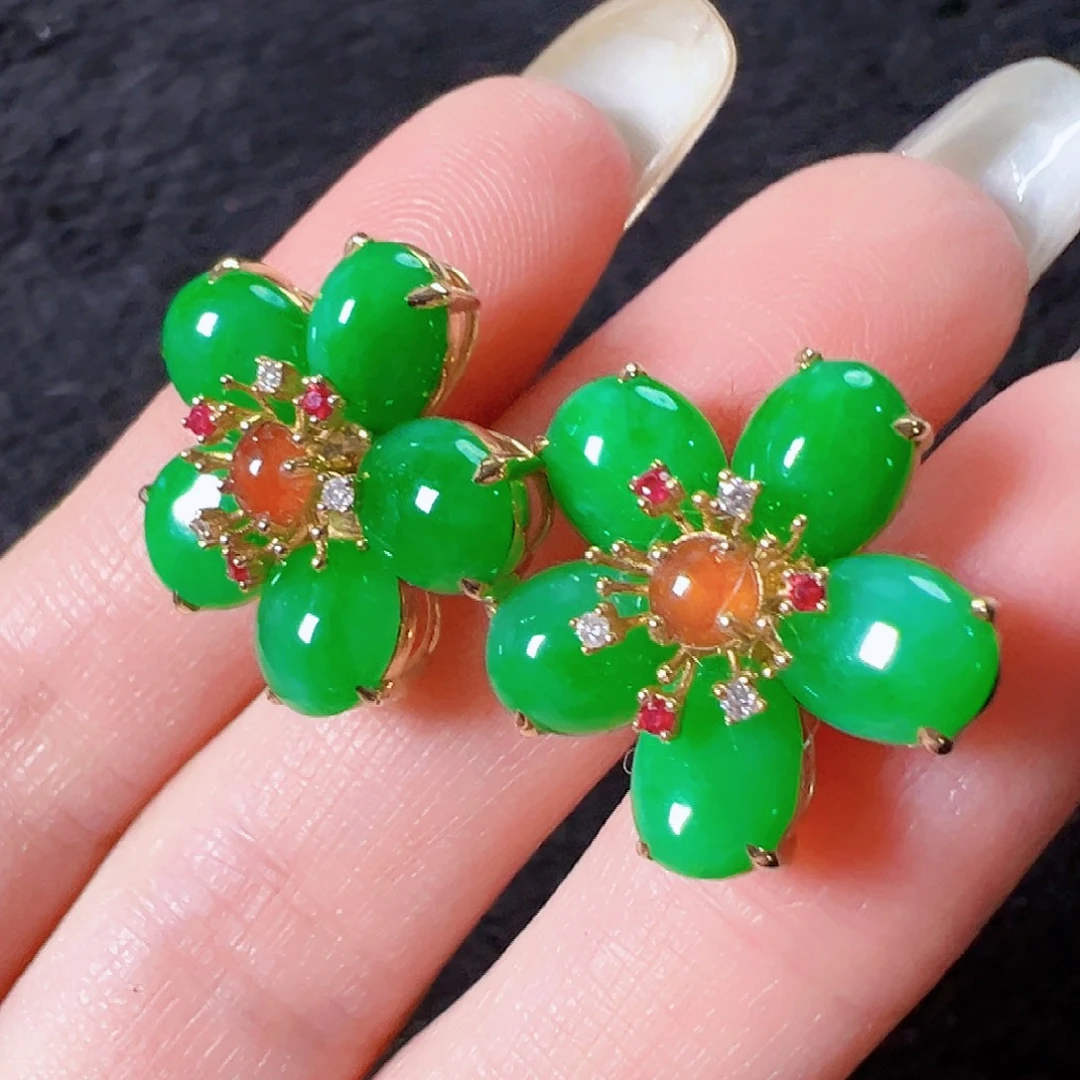 翡翠18K金镶嵌耳饰签收后24小时鉴赏期，过时不退