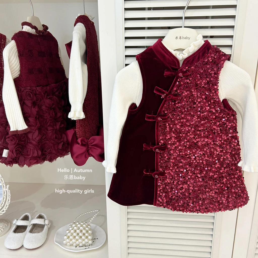 现货【乐恩童装】女童冬季过年衣服红色丝绒亮片背心裙喜庆礼服裙套
