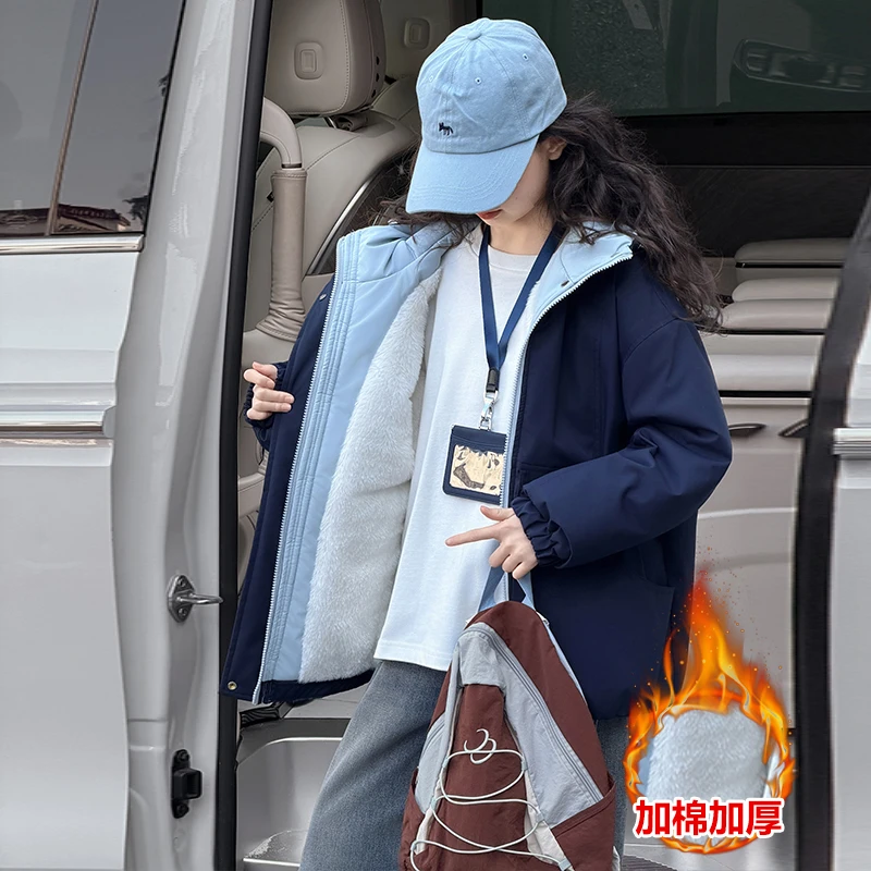 女童加绒加厚连帽冲锋衣2025新款冬装洋气儿童夹棉外套初中生棉服