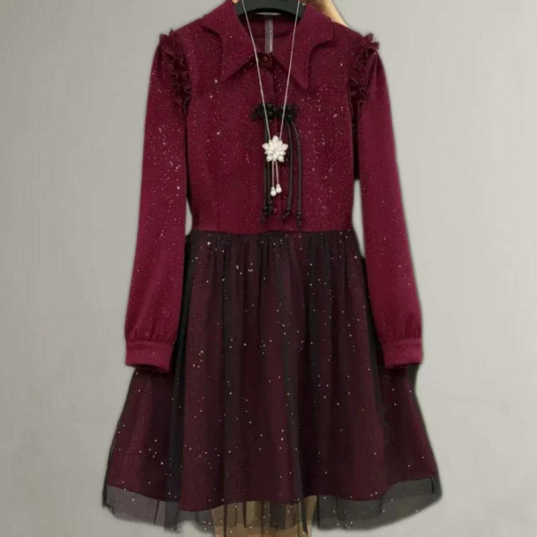 岚岚大码女装冬季国风波浪翻领盘扣流苏网纱显瘦连衣裙9821