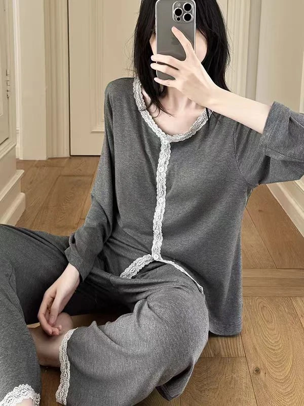 大码睡衣秋季新款莫代尔高弹力柔软舒适睡衣韩版蕾丝边220斤穿胖