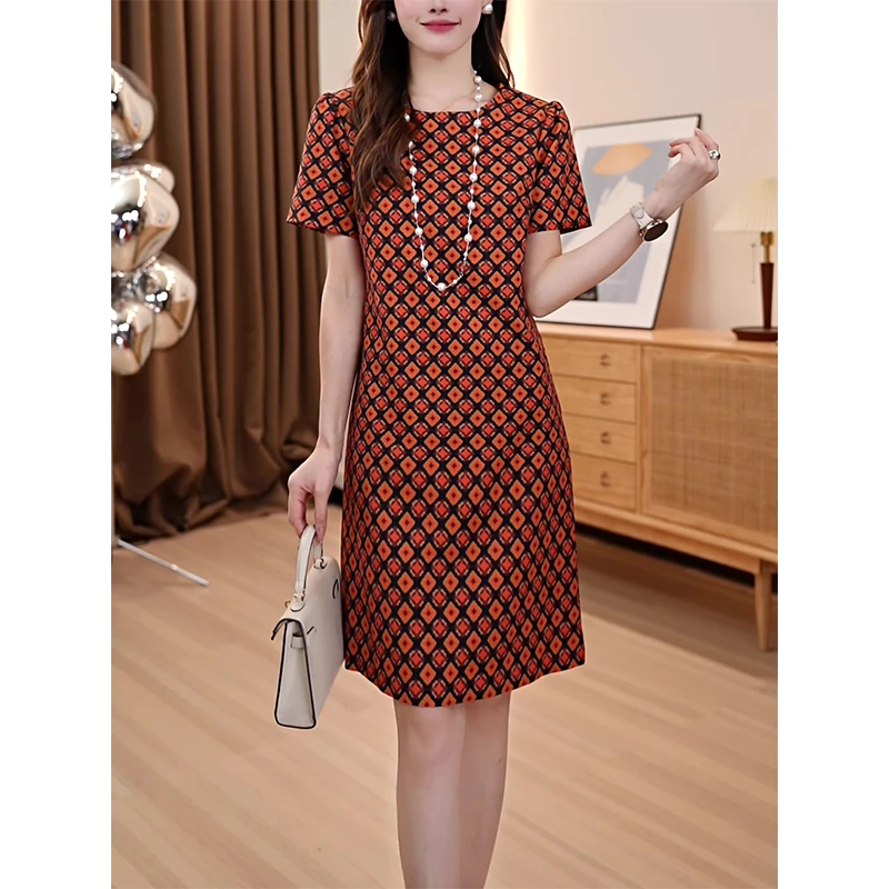 夏季轻奢复古时尚气质收腰A字裙遮肚显瘦短袖圆领印花连衣裙77