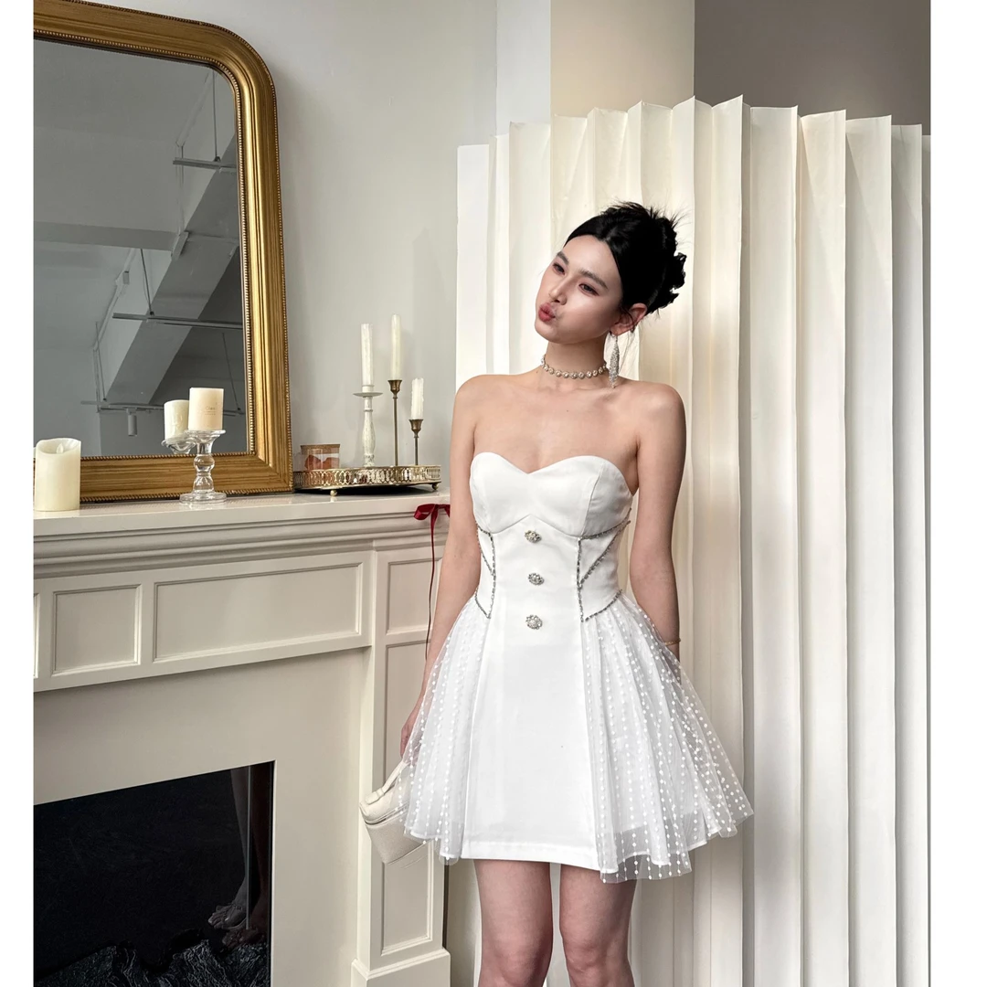 【JINGGUO轻奢】小众设计感法式气质抹胸收腰短款连衣裙6456